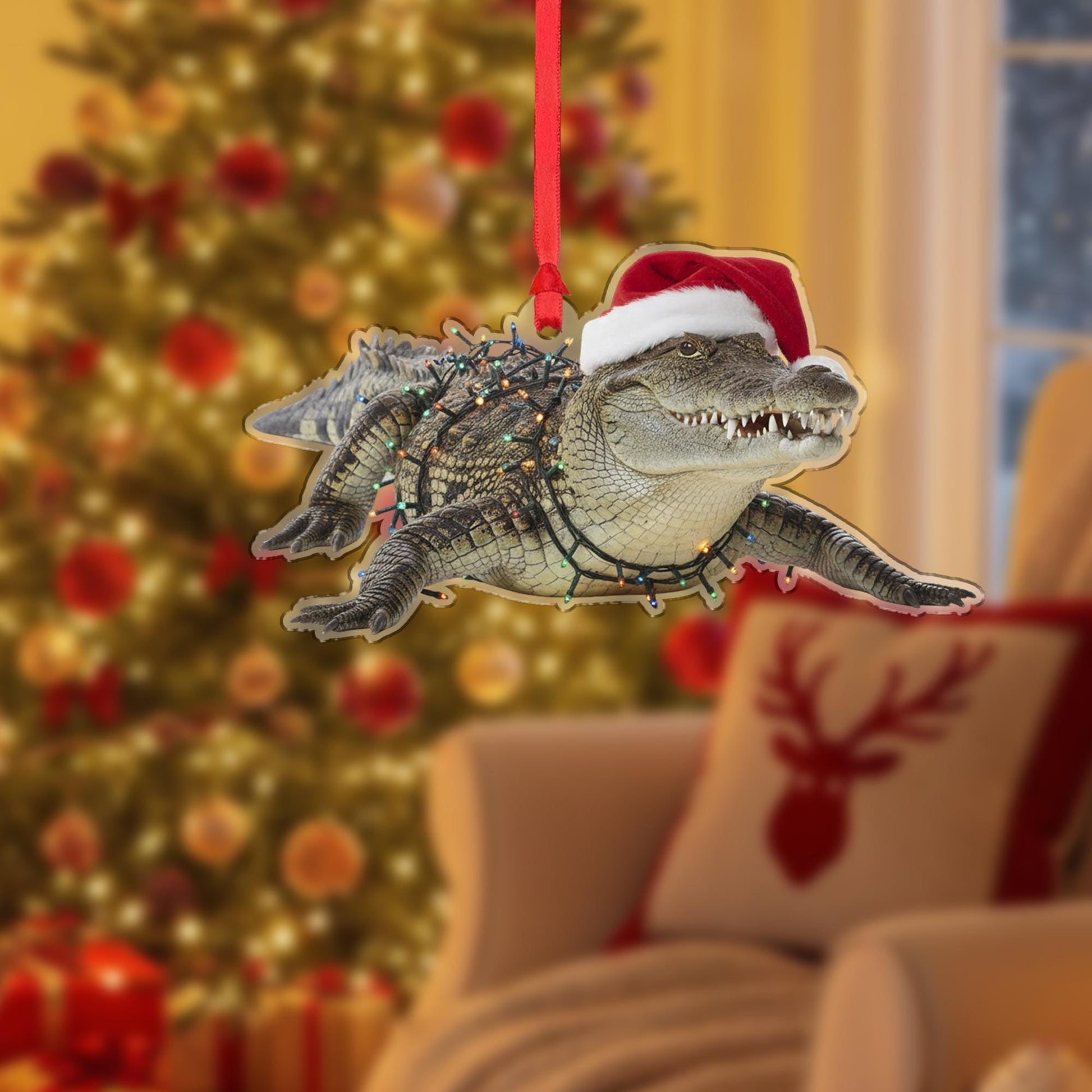 Crocodile Christmas Ornament – Alligator Decoration with Santa Hat and Lights
