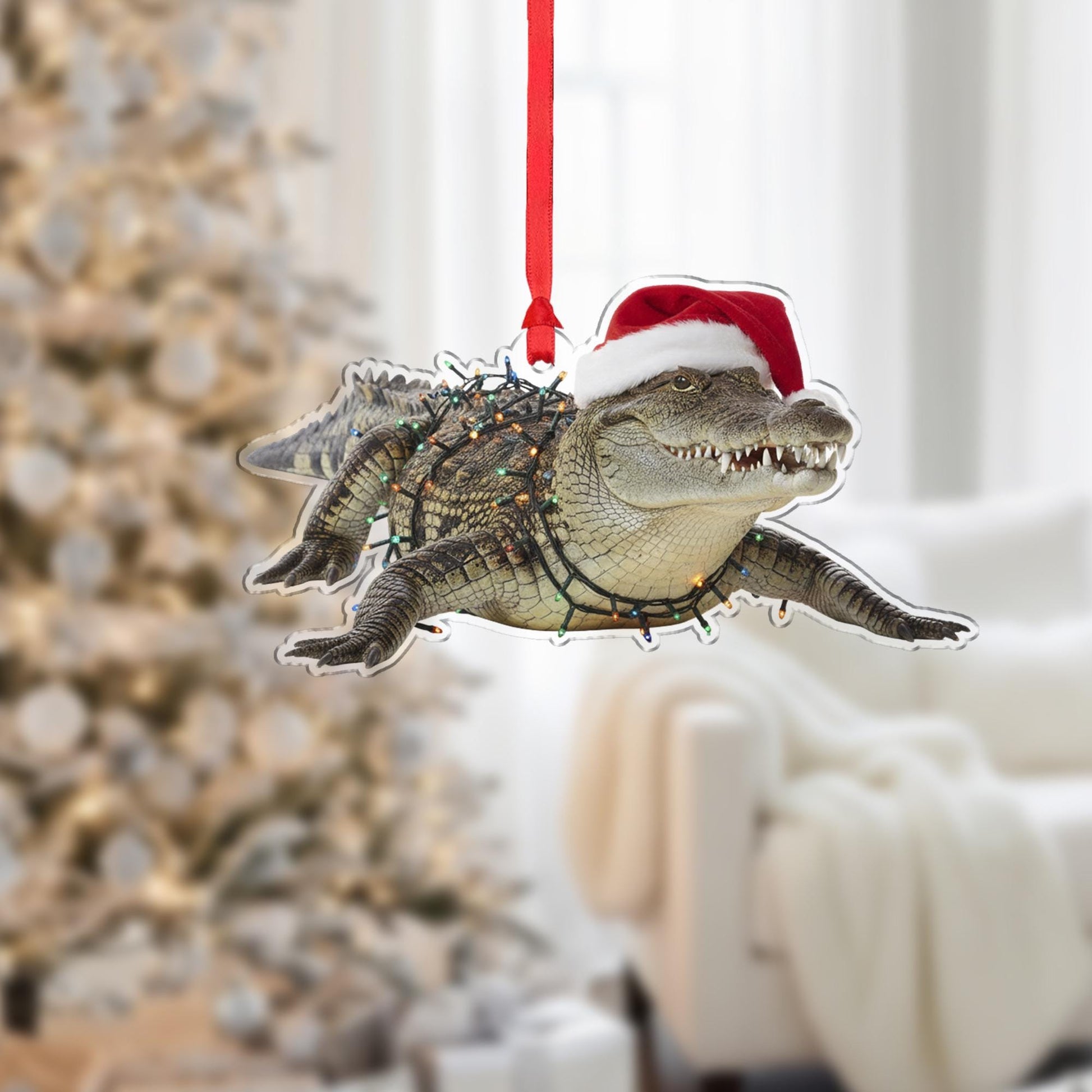 Crocodile Christmas Ornament – Alligator Decoration with Santa Hat and Lights