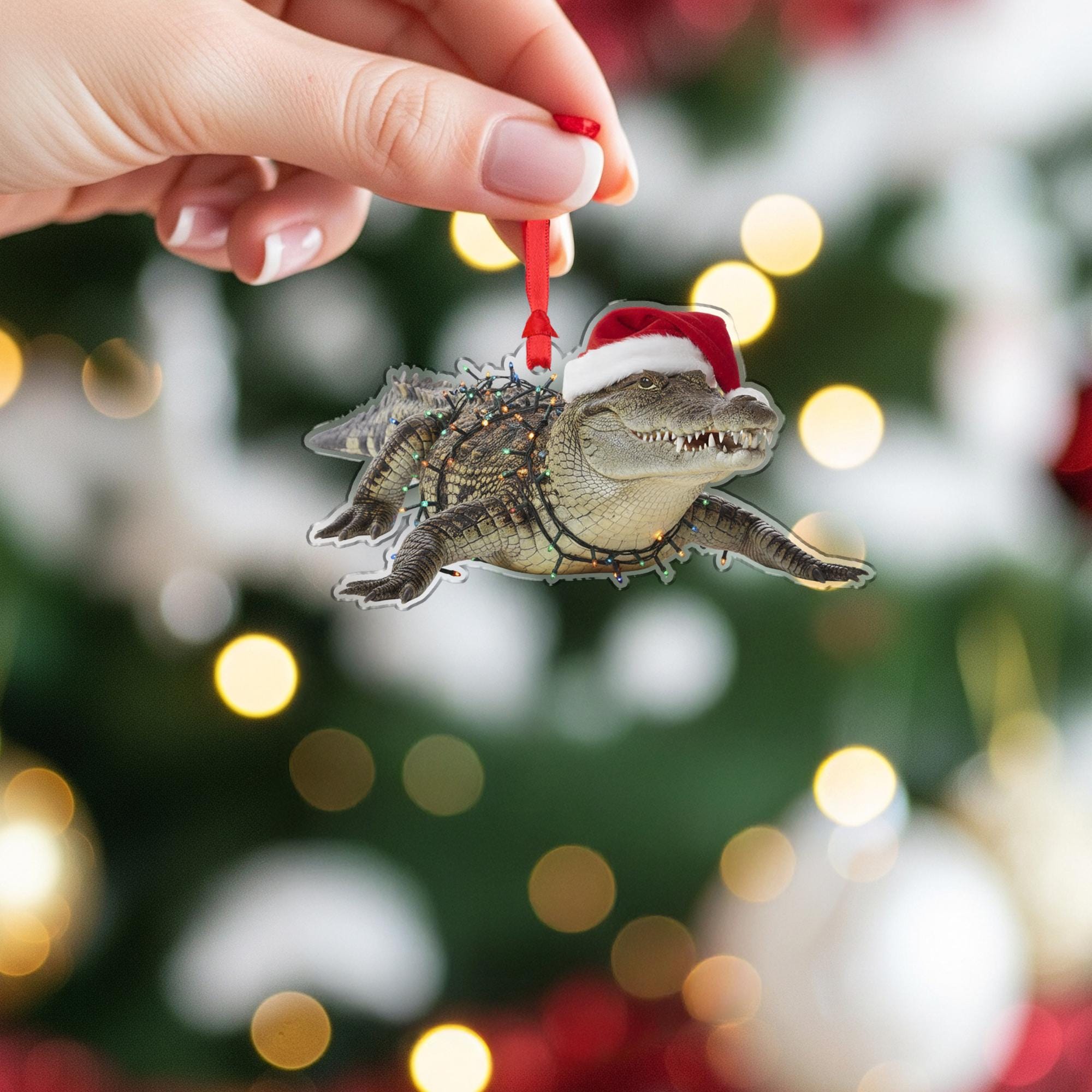 Crocodile Christmas Ornament – Alligator Decoration with Santa Hat and Lights