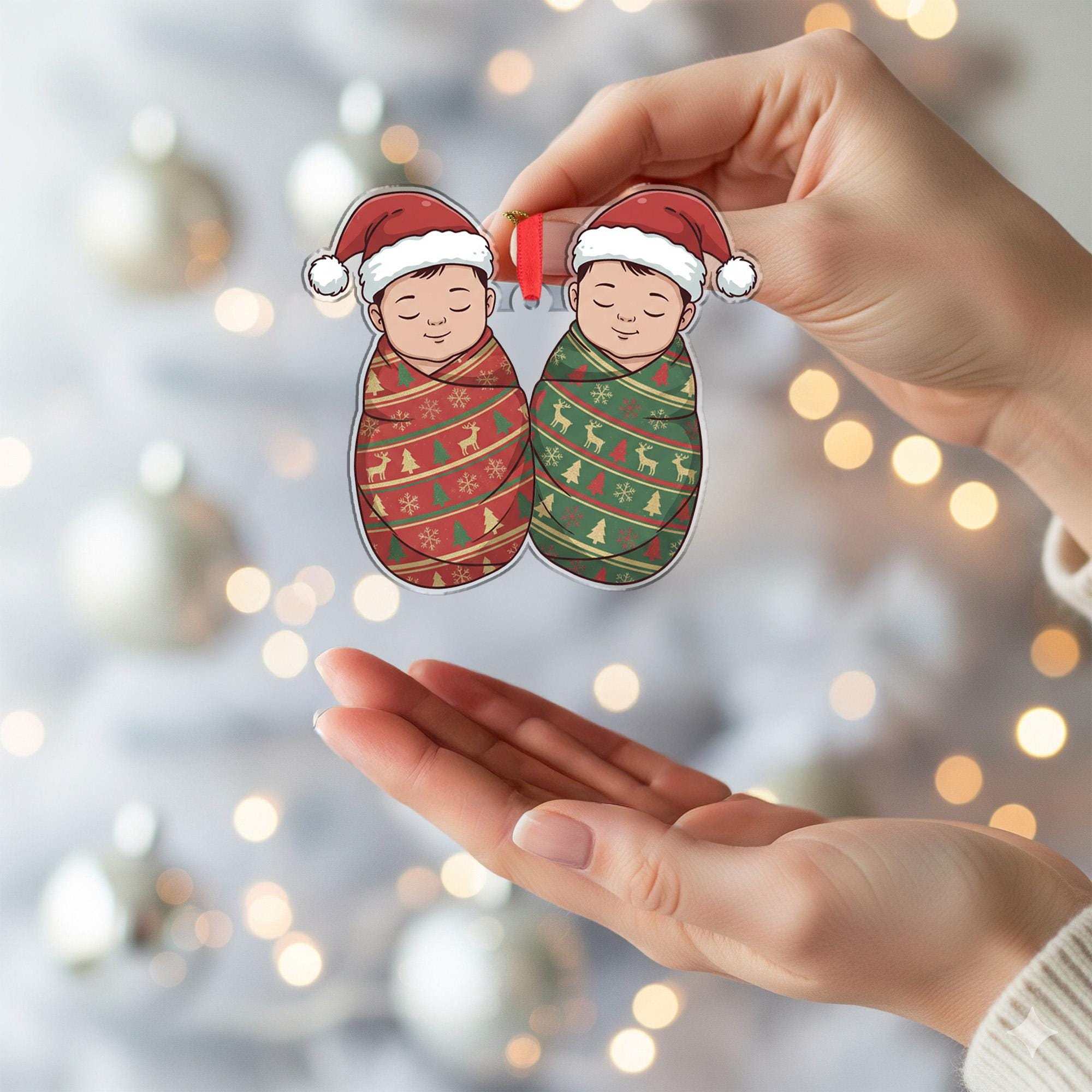 Personalized Twins Ornament – Custom Baby Decoration with Christmas Hats