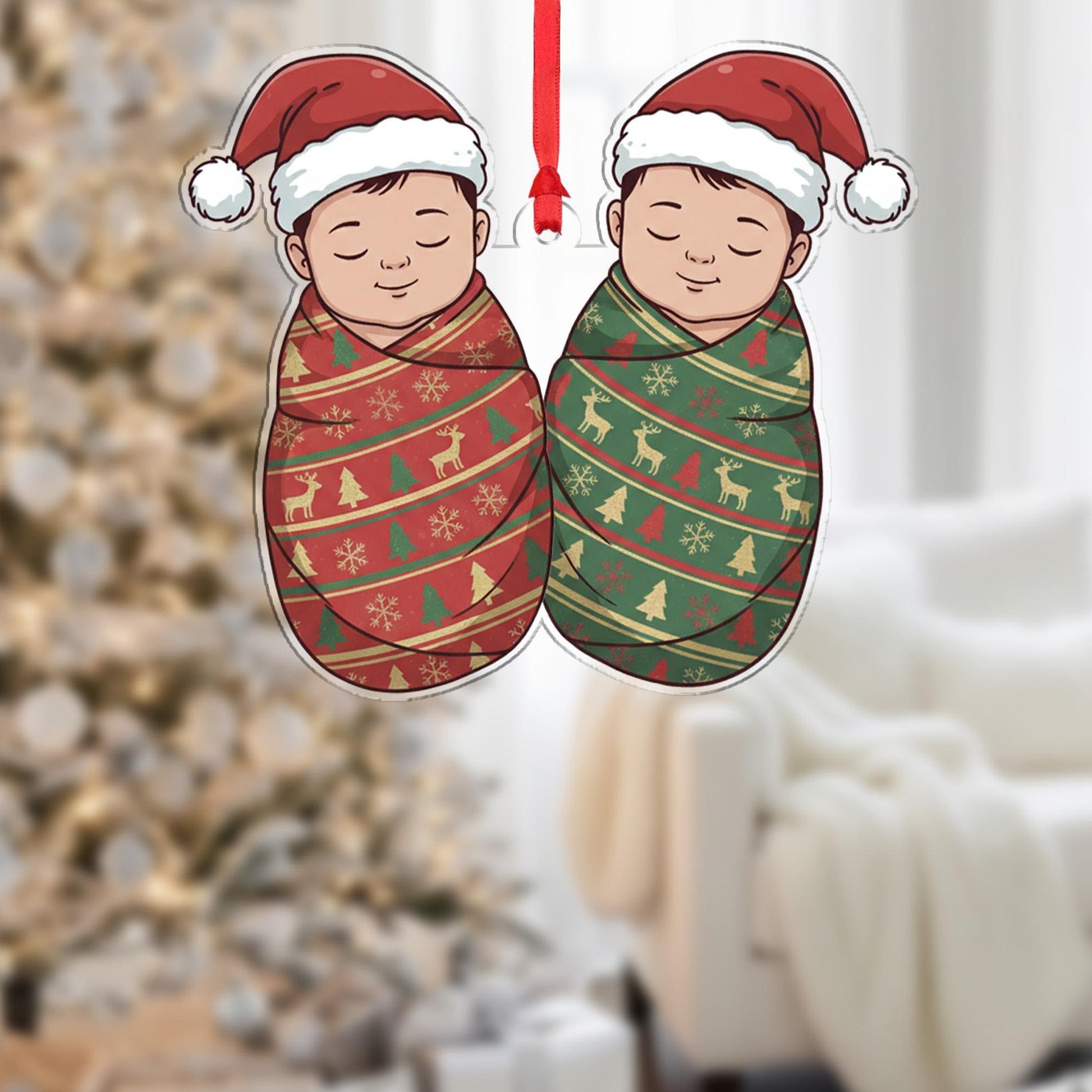 Personalized Twins Ornament – Custom Baby Decoration with Christmas Hats