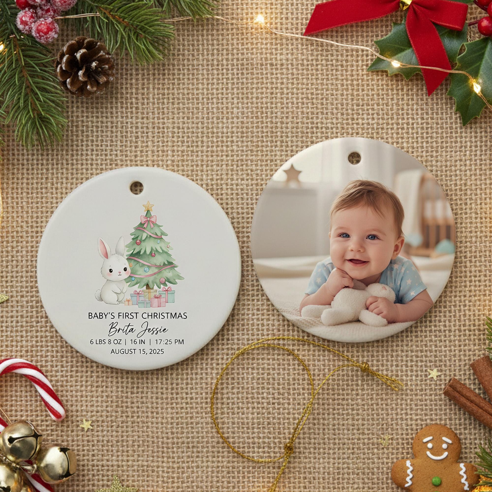 Baby’s First Christmas Ornament – Personalized Photo Ceramic Holiday Keepsake Gift