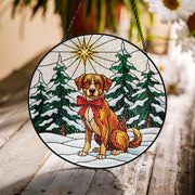 Custom Dog Breed Christmas Glass Suncatcher – Faux Stained Glass Ornament Winter Scene