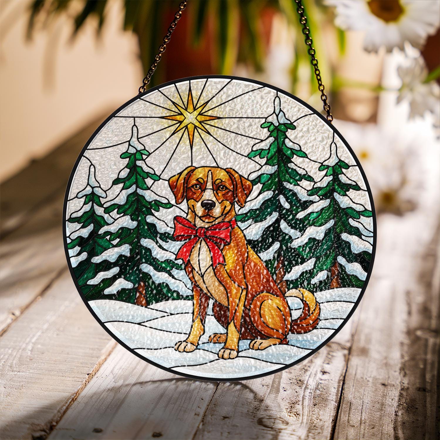 Custom Dog Breed Christmas Glass Suncatcher – Faux Stained Glass Ornament Winter Scene