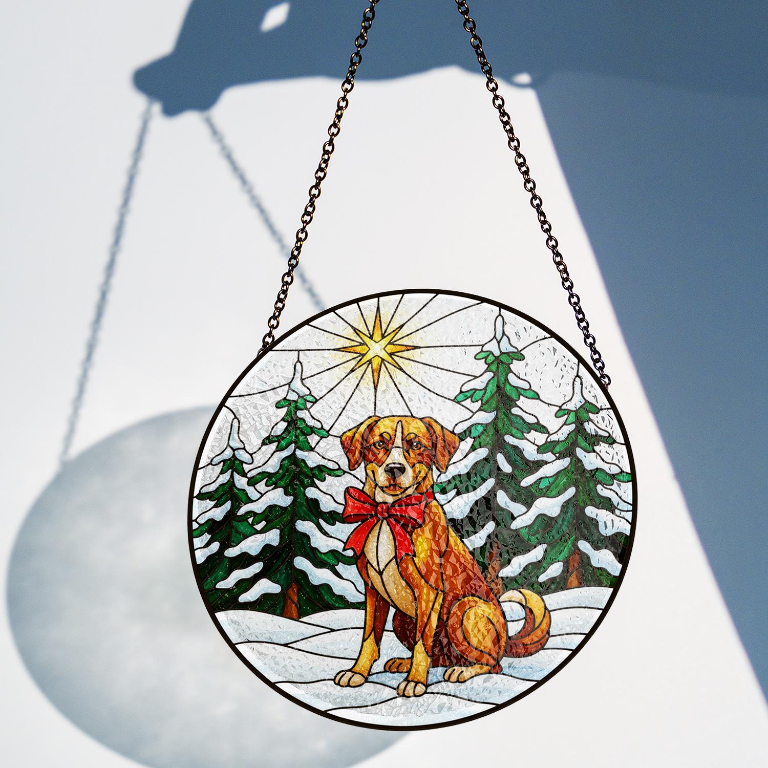 Custom Dog Breed Christmas Glass Suncatcher – Faux Stained Glass Ornament Winter Scene
