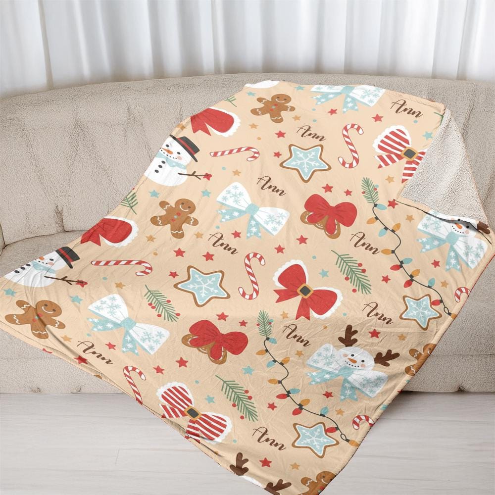 Custom Christmas Fleece Blanket with Name – Snowman, Gingerbread, Bow and Candy Cane Holiday Throw