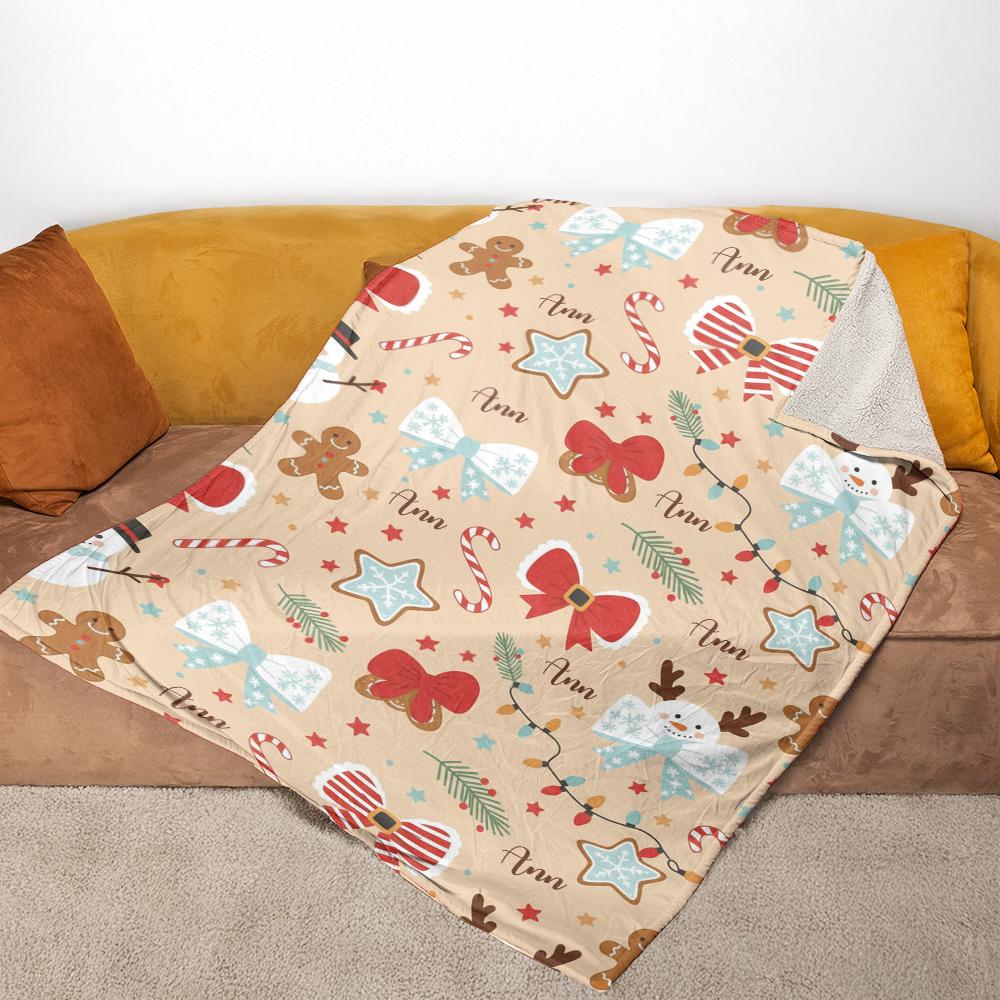Custom Christmas Fleece Blanket with Name – Snowman, Gingerbread, Bow and Candy Cane Holiday Throw