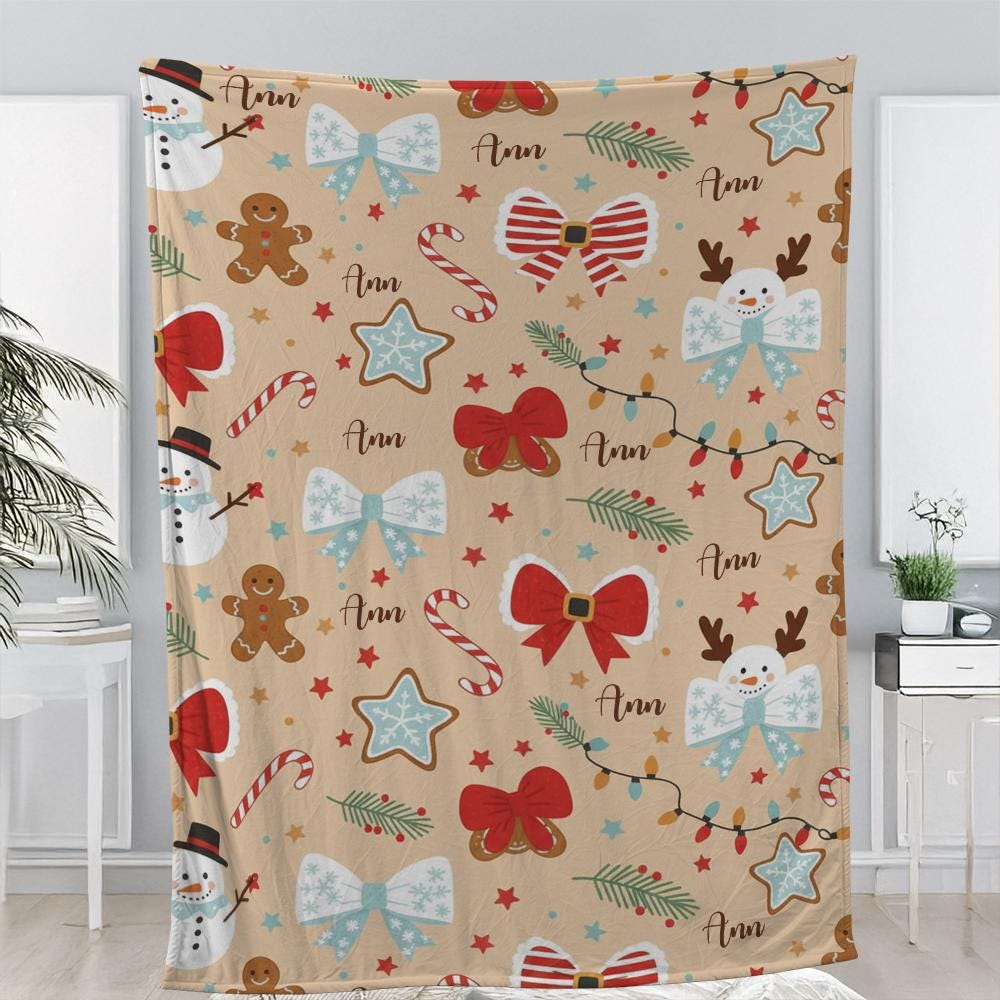 Custom Christmas Fleece Blanket with Name – Snowman, Gingerbread, Bow and Candy Cane Holiday Throw