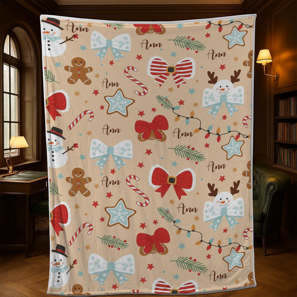 Custom Christmas Fleece Blanket with Name – Snowman, Gingerbread, Bow and Candy Cane Holiday Throw
