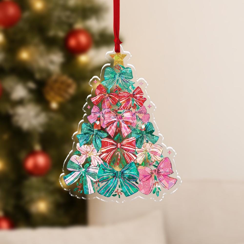 Christmas Tree Ornament with Bows Hologram Effect Acrylic Decoration