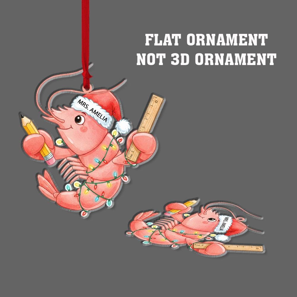 Personalized Shrimp Christmas Ornament – Teacher Design with Santa Hat and School Supplies