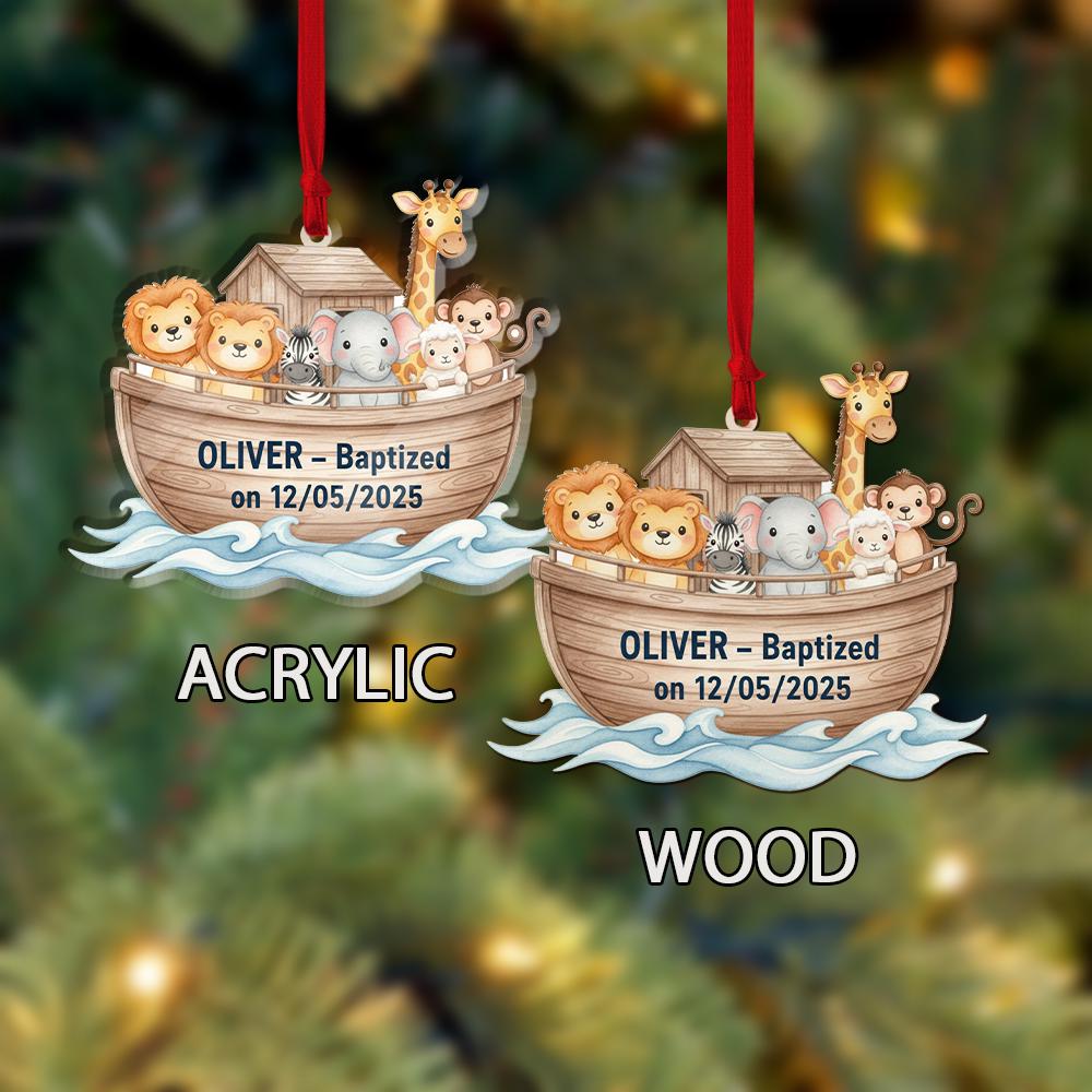 Custom Baptism Ornament Noah’s Ark Animals – Personalized Baby Name and Date Keepsake