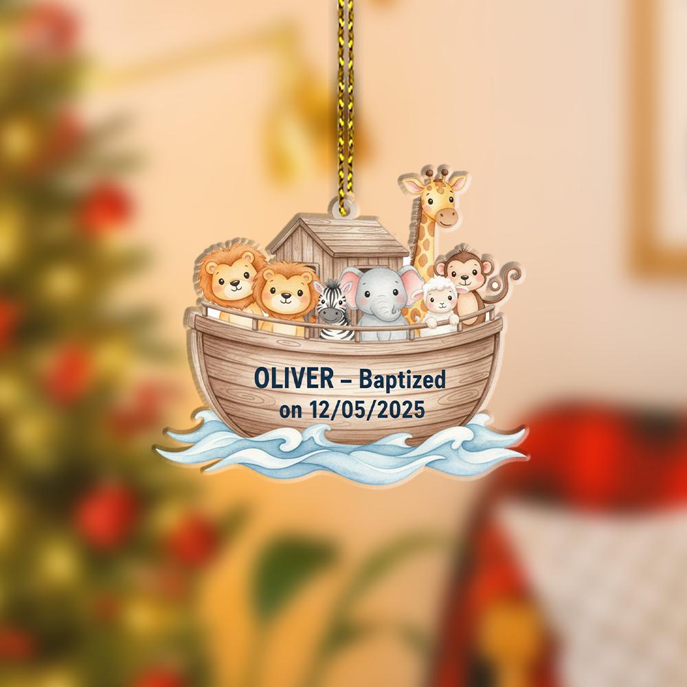 Custom Baptism Ornament Noah’s Ark Animals – Personalized Baby Name and Date Keepsake