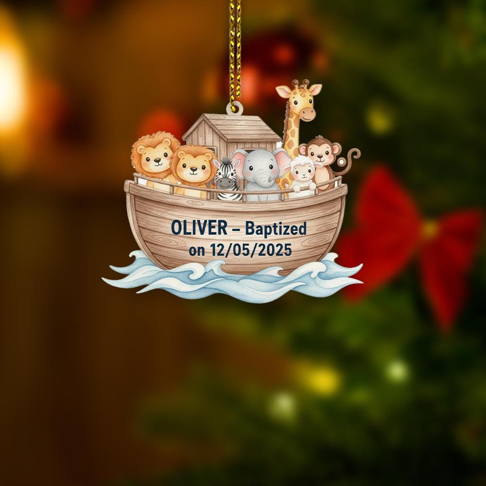 Custom Baptism Ornament Noah’s Ark Animals – Personalized Baby Name and Date Keepsake