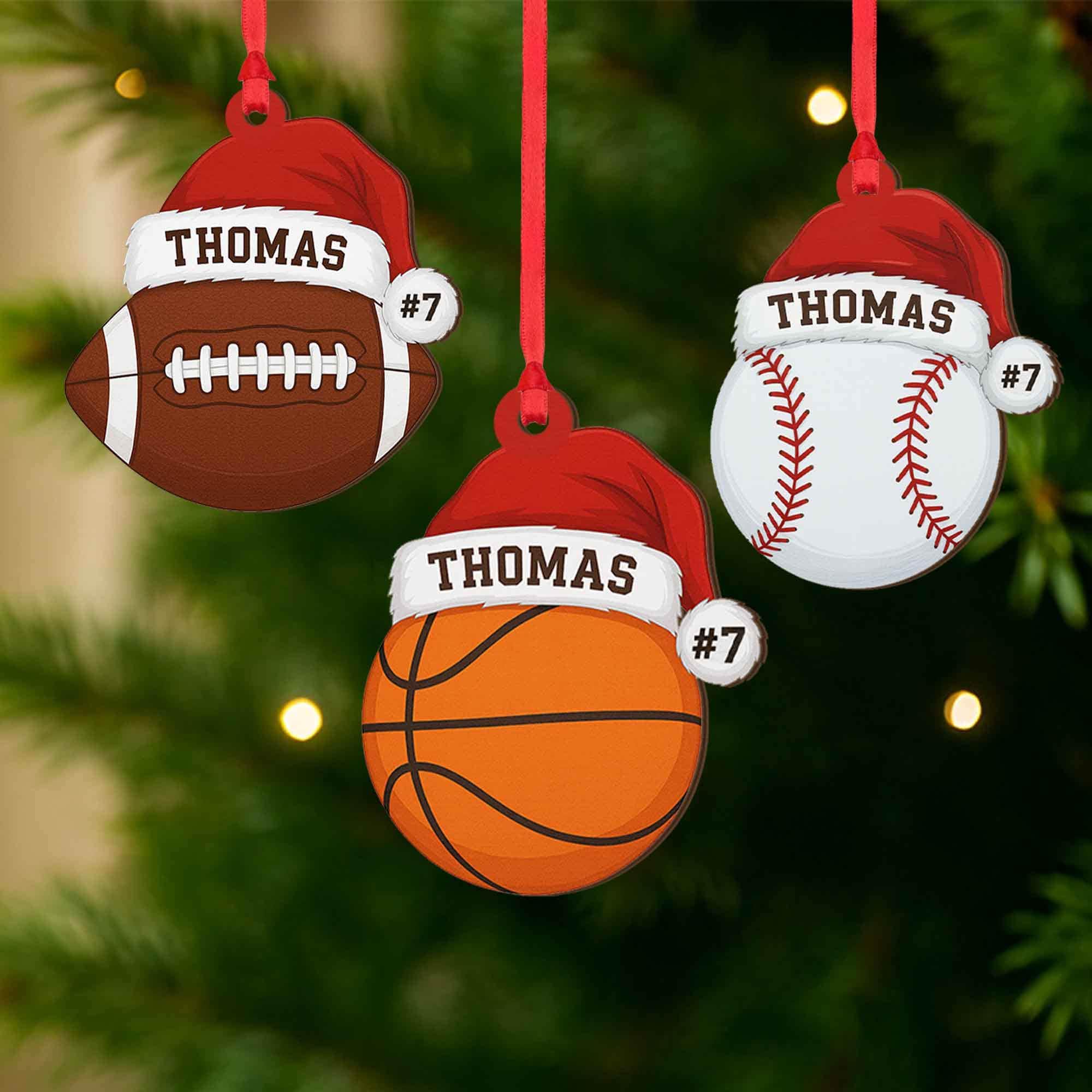 Personalized Sports Christmas Ornament: Santa Hat, Baseball, Basketball, Football