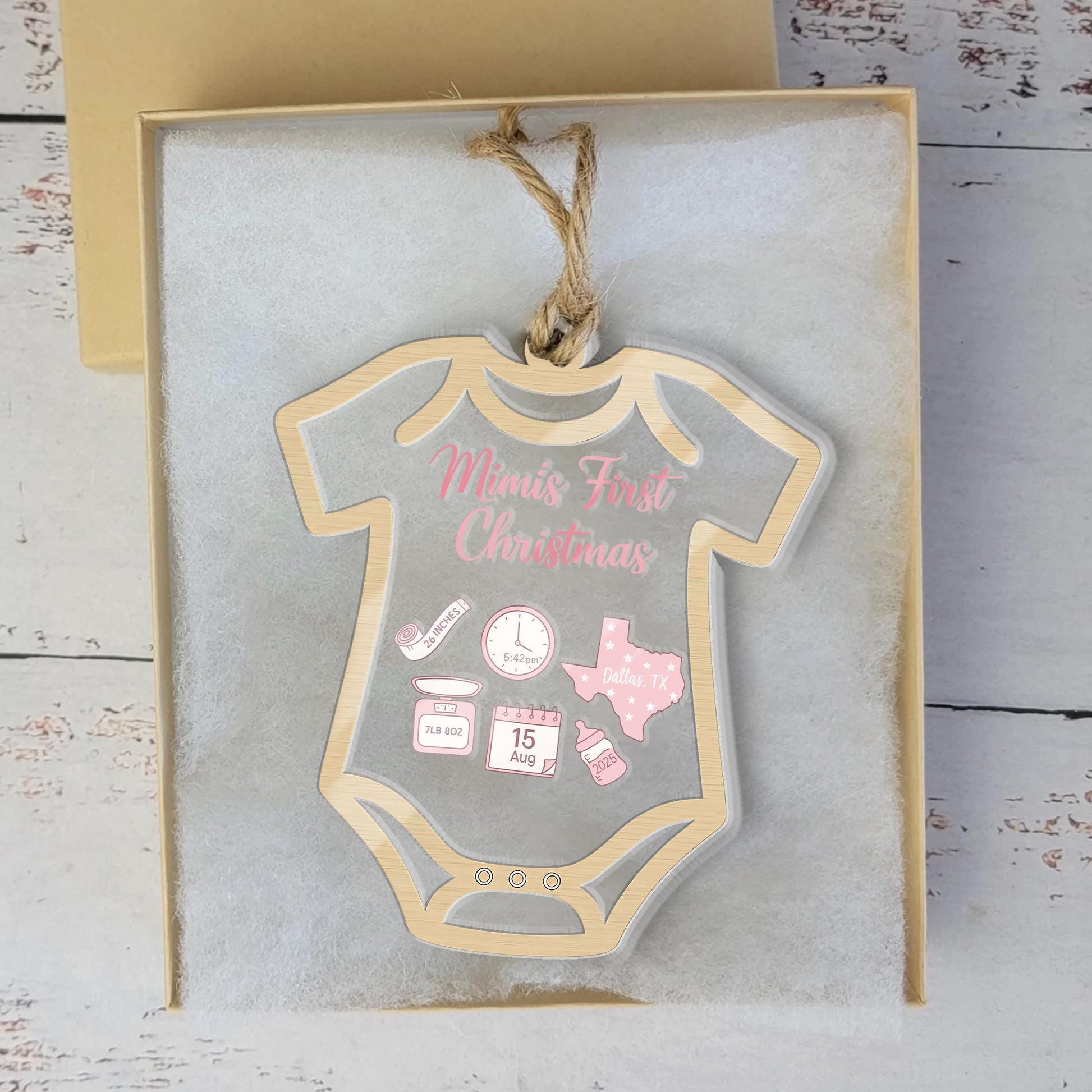 Baby’s First Christmas Ornament – Personalized Bodysuit Shaker Keepsake with Birth Stats Custom Name
