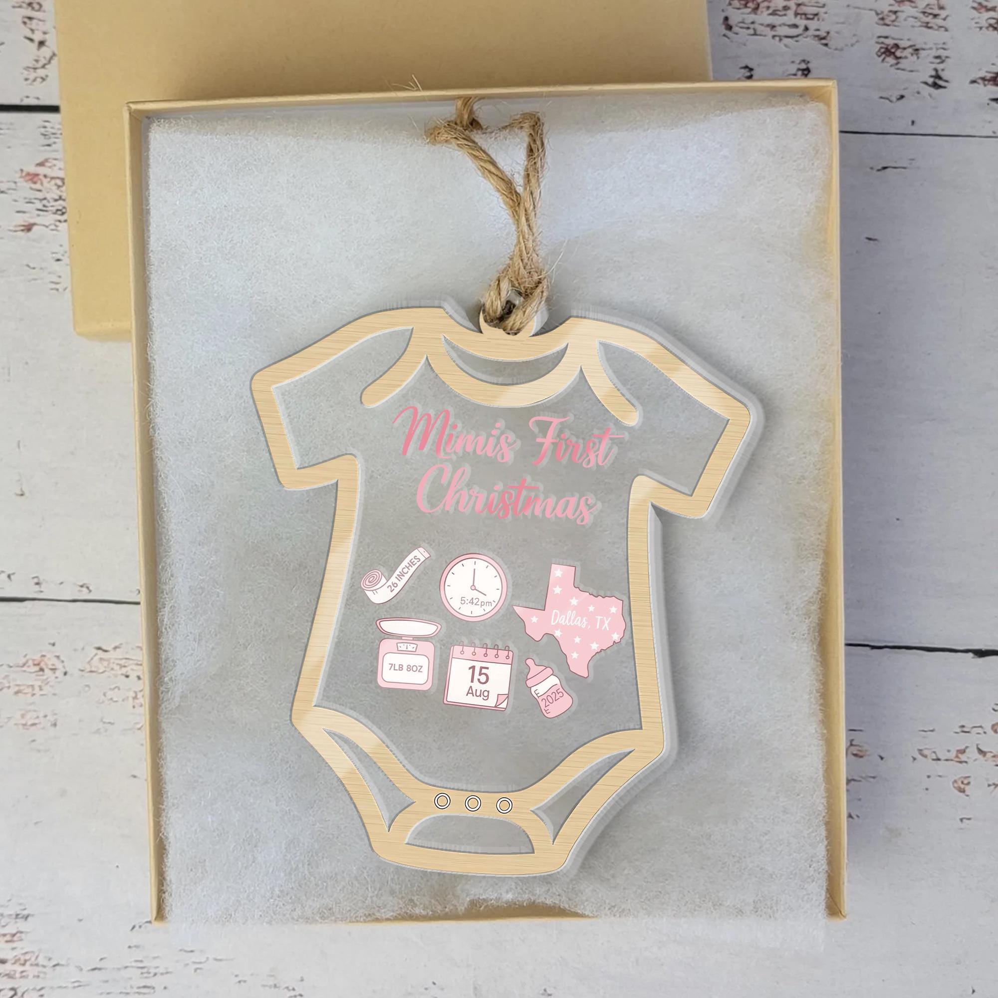Baby’s First Christmas Ornament – Personalized Bodysuit Shaker Keepsake with Birth Stats Custom Name