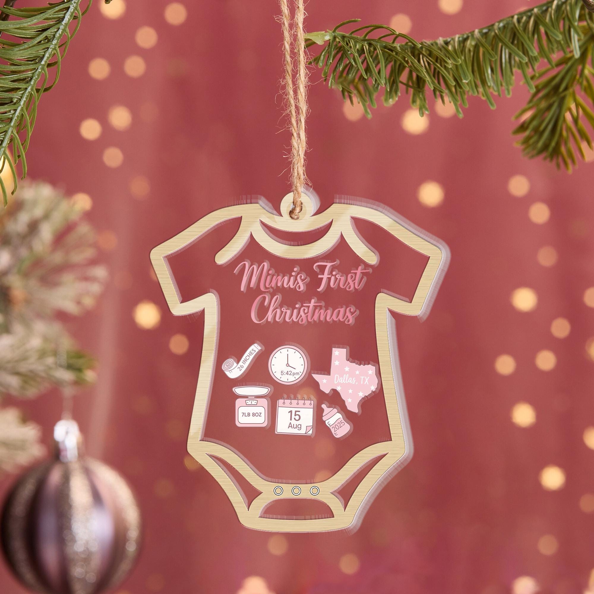 Baby’s First Christmas Ornament – Personalized Bodysuit Shaker Keepsake with Birth Stats Custom Name