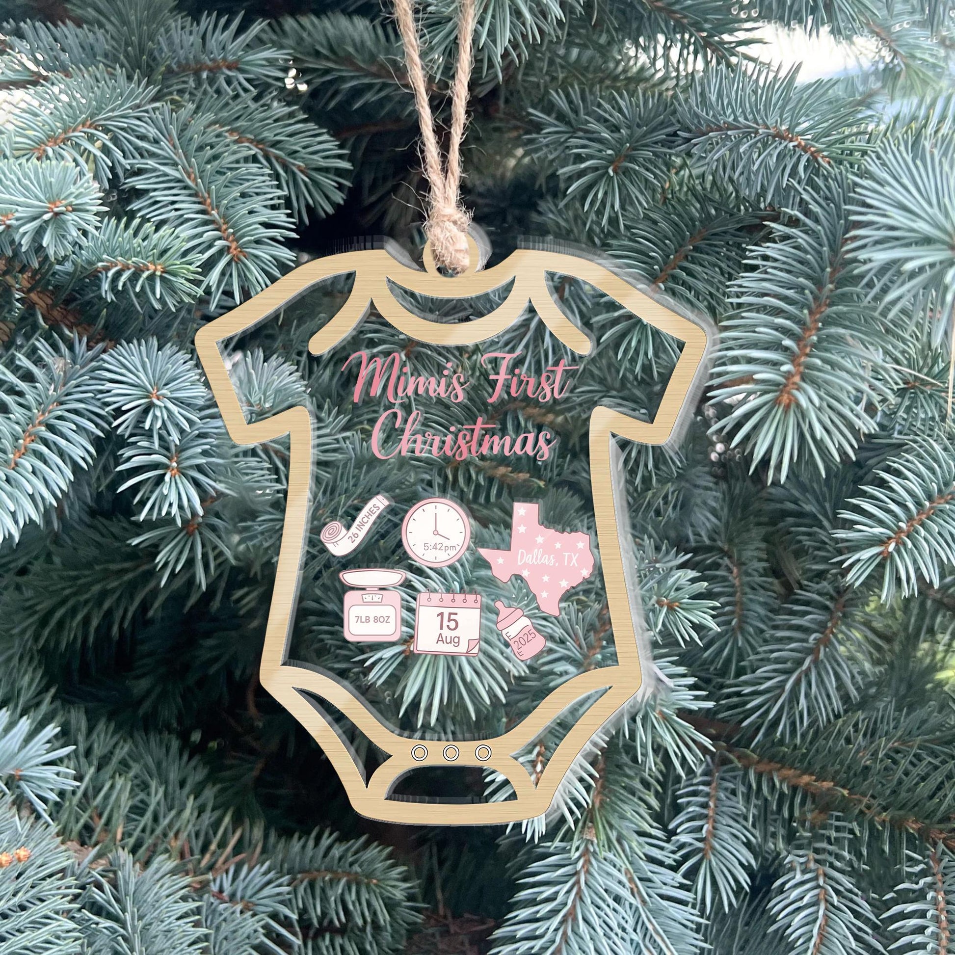 Baby’s First Christmas Ornament – Personalized Bodysuit Shaker Keepsake with Birth Stats Custom Name