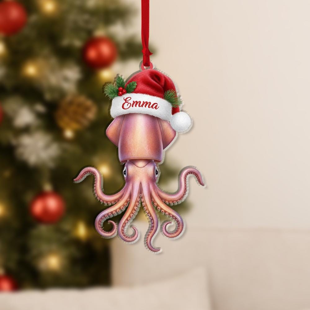 Personalized Squid Ornament – Christmas Sea Life Design with Santa Hat