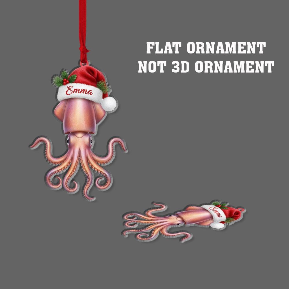 Personalized Squid Ornament – Christmas Sea Life Design with Santa Hat