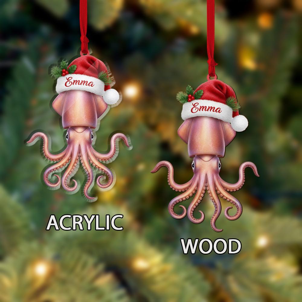 Personalized Squid Ornament – Christmas Sea Life Design with Santa Hat