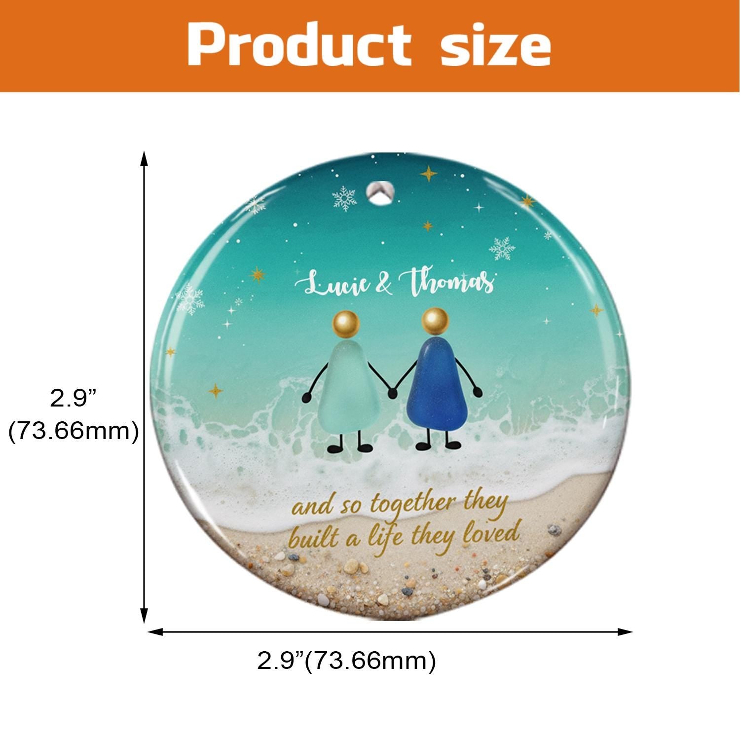 Personalized Couple Ornament – Ceramic Beach Scene with Ocean and Sand Design