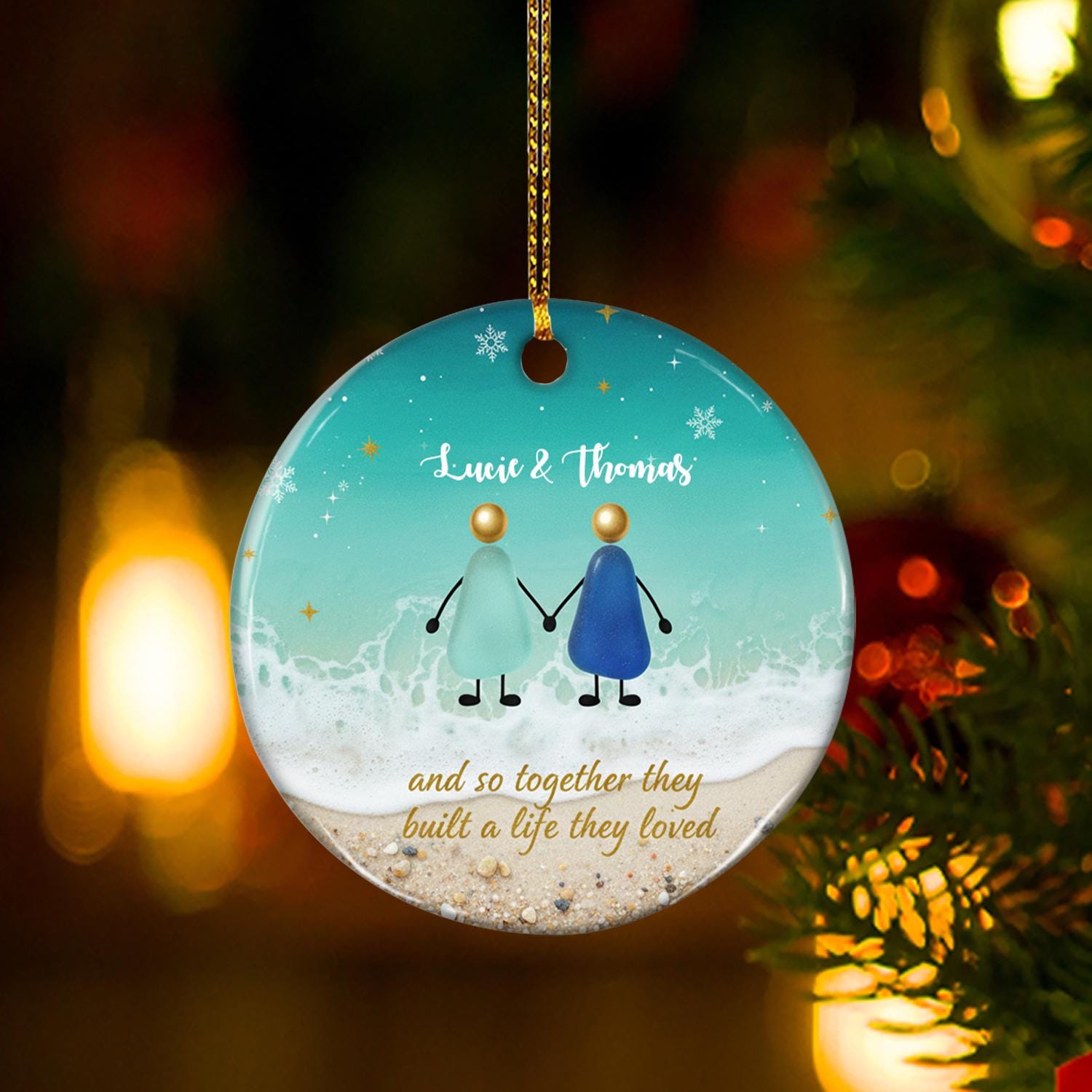 Personalized Couple Ornament – Ceramic Beach Scene with Ocean and Sand Design