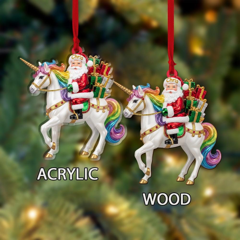 Personalized Santa Ornament – Christmas Unicorn Design with Rainbow Mane and Gifts