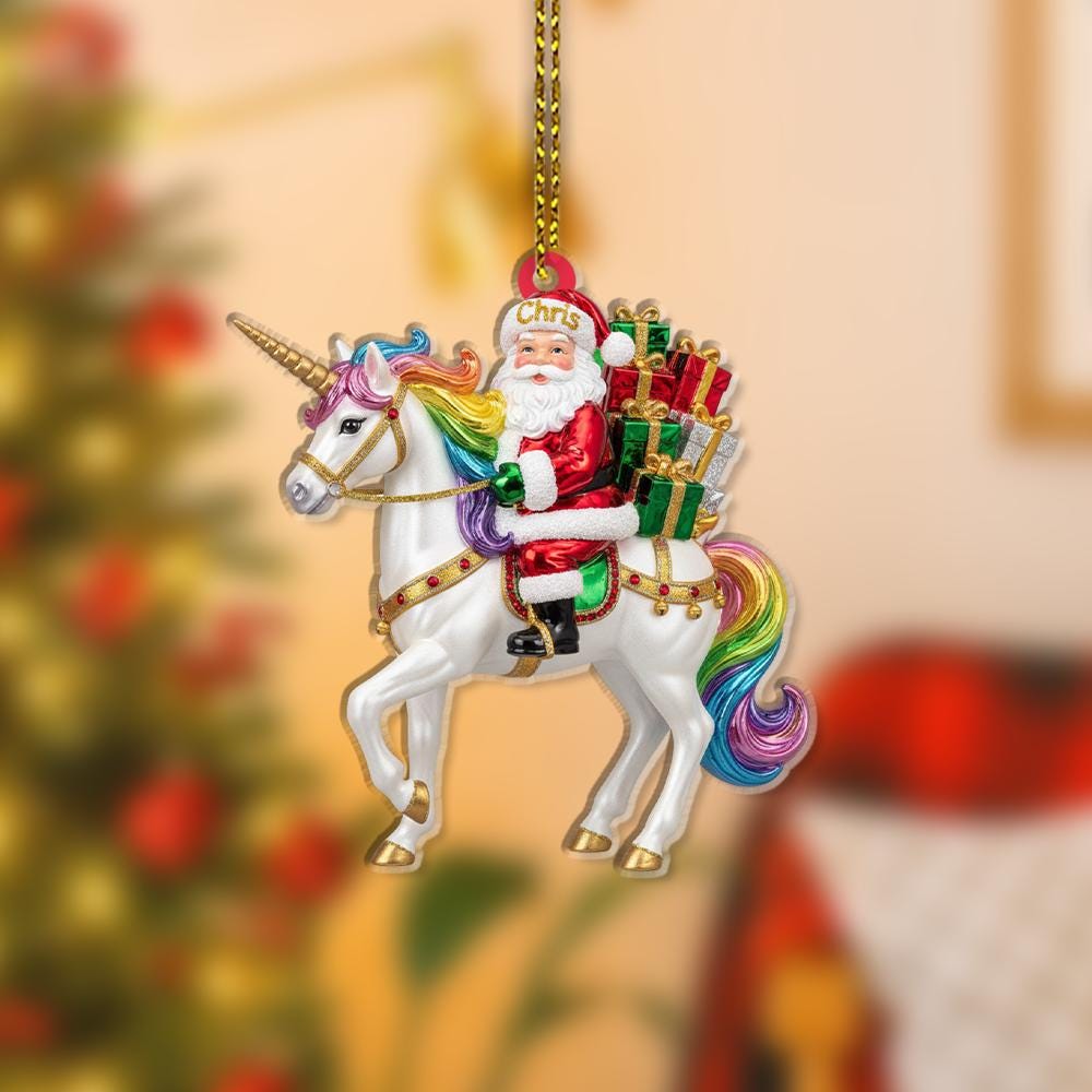 Personalized Santa Ornament – Christmas Unicorn Design with Rainbow Mane and Gifts