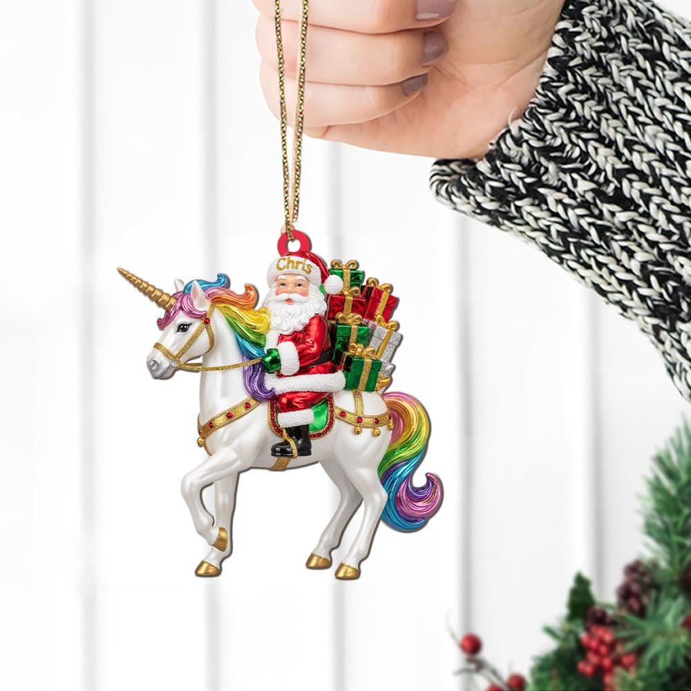 Personalized Santa Ornament – Christmas Unicorn Design with Rainbow Mane and Gifts