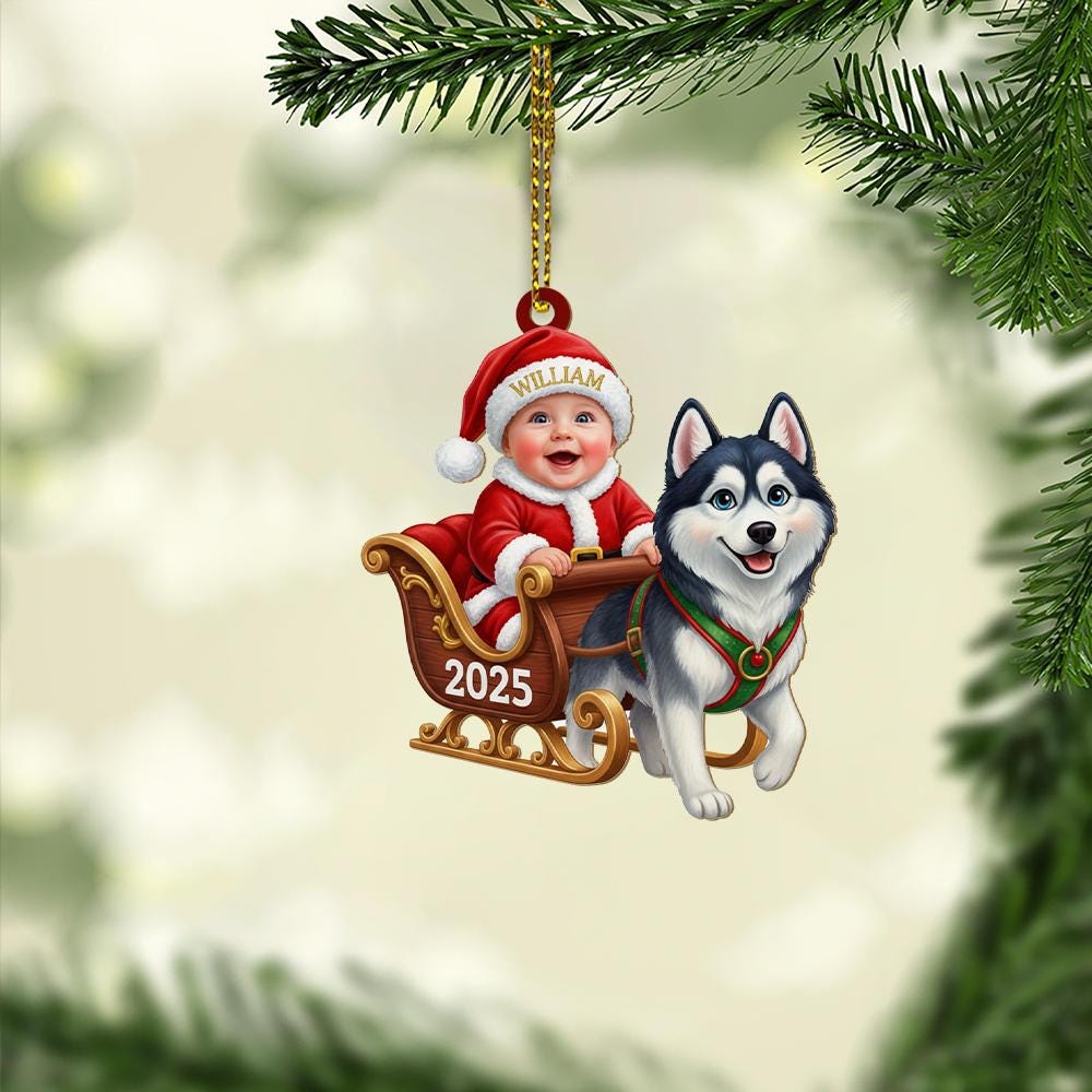 Personalized Baby Ornament – Christmas Sleigh Design with Husky Dog and Santa Outfit