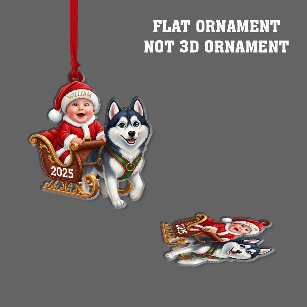Personalized Baby Ornament – Christmas Sleigh Design with Husky Dog and Santa Outfit