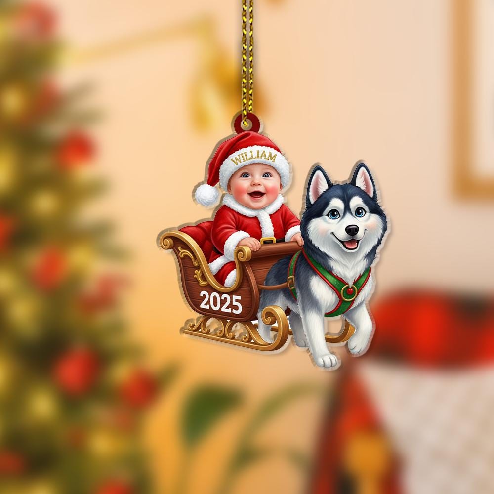 Personalized Baby Ornament – Christmas Sleigh Design with Husky Dog and Santa Outfit