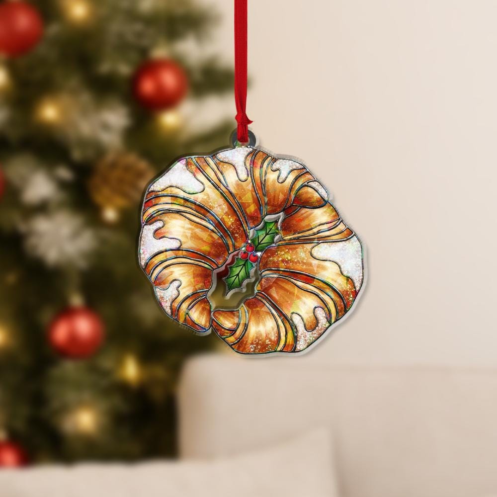 Croissant Ornament – Holiday Tree Decoration with Pastry Design and Holly Accent