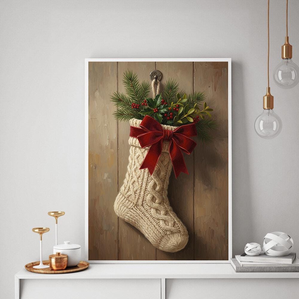 Christmas Wall Art Poster – Holiday Print with Stocking Red Bow and Evergreen Design
