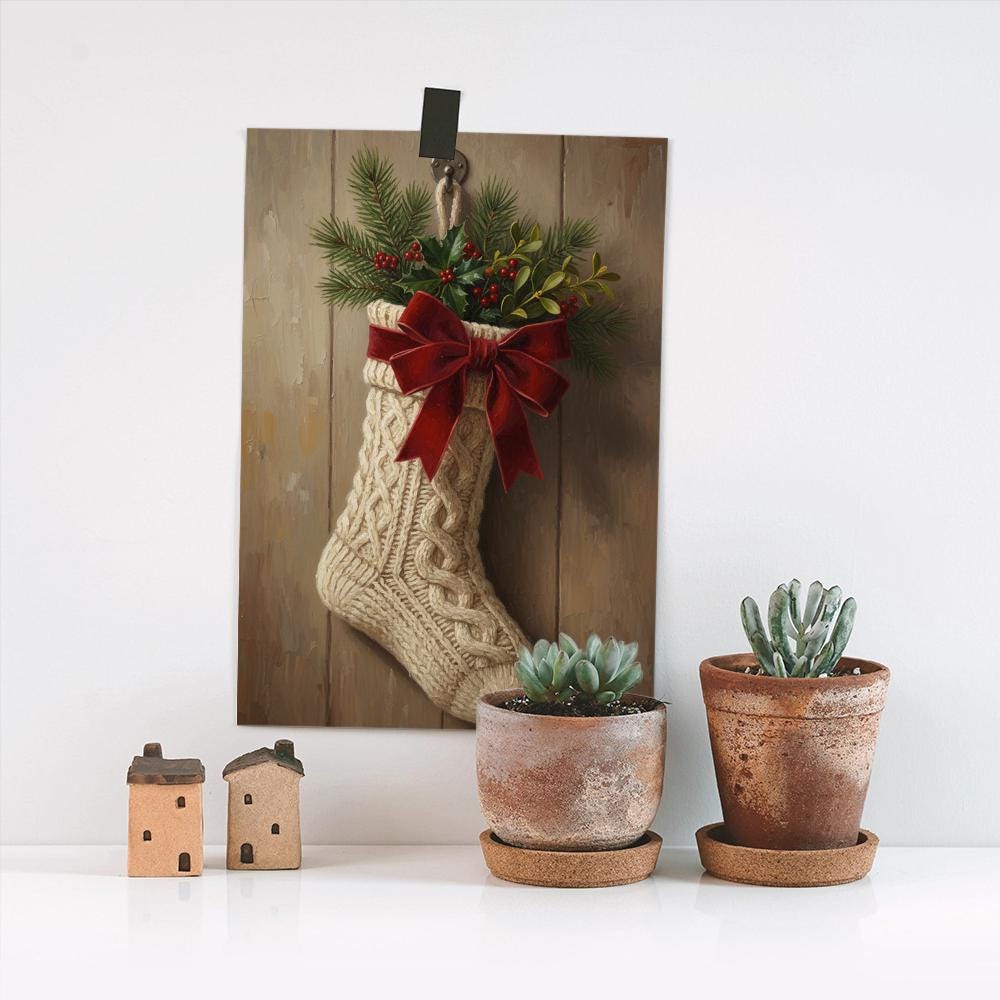 Christmas Wall Art Poster – Holiday Print with Stocking Red Bow and Evergreen Design