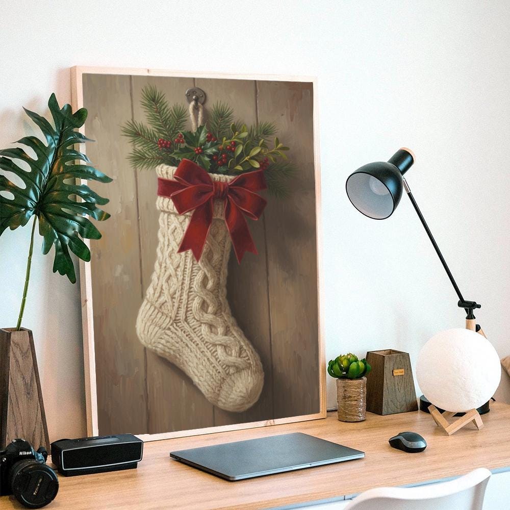 Christmas Wall Art Poster – Holiday Print with Stocking Red Bow and Evergreen Design