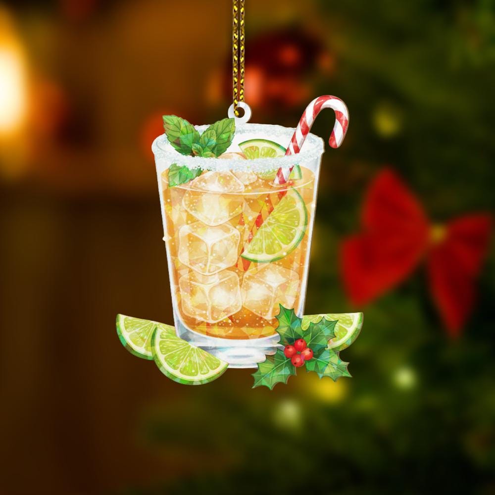 Cocktail Hologram Ornament – Holiday Tree Decoration with Lime Slice Mint and Candy Cane Design