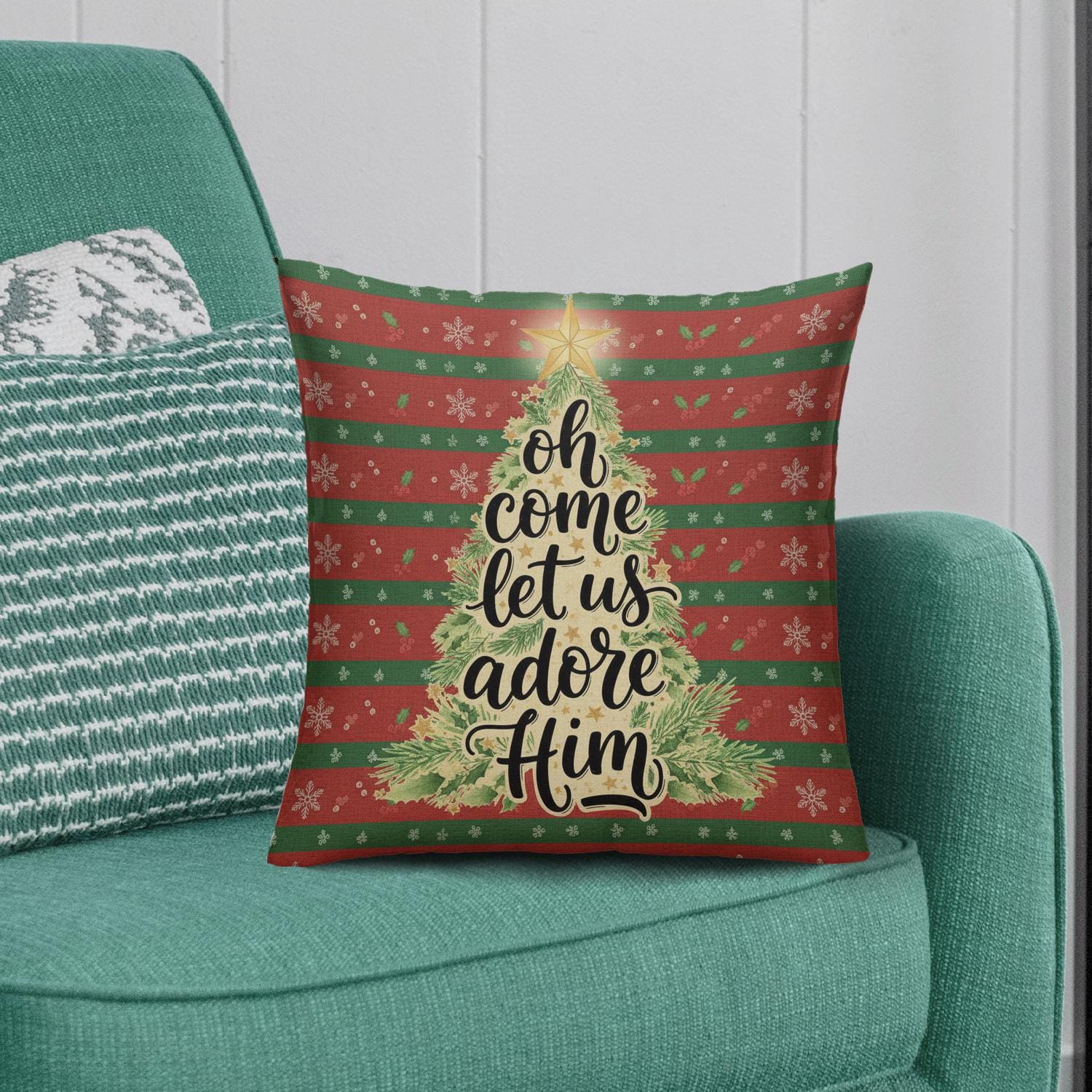 Christmas Pillow with Insert – Oh Come Let Us Adore Him Nativity Themed Home Decoration
