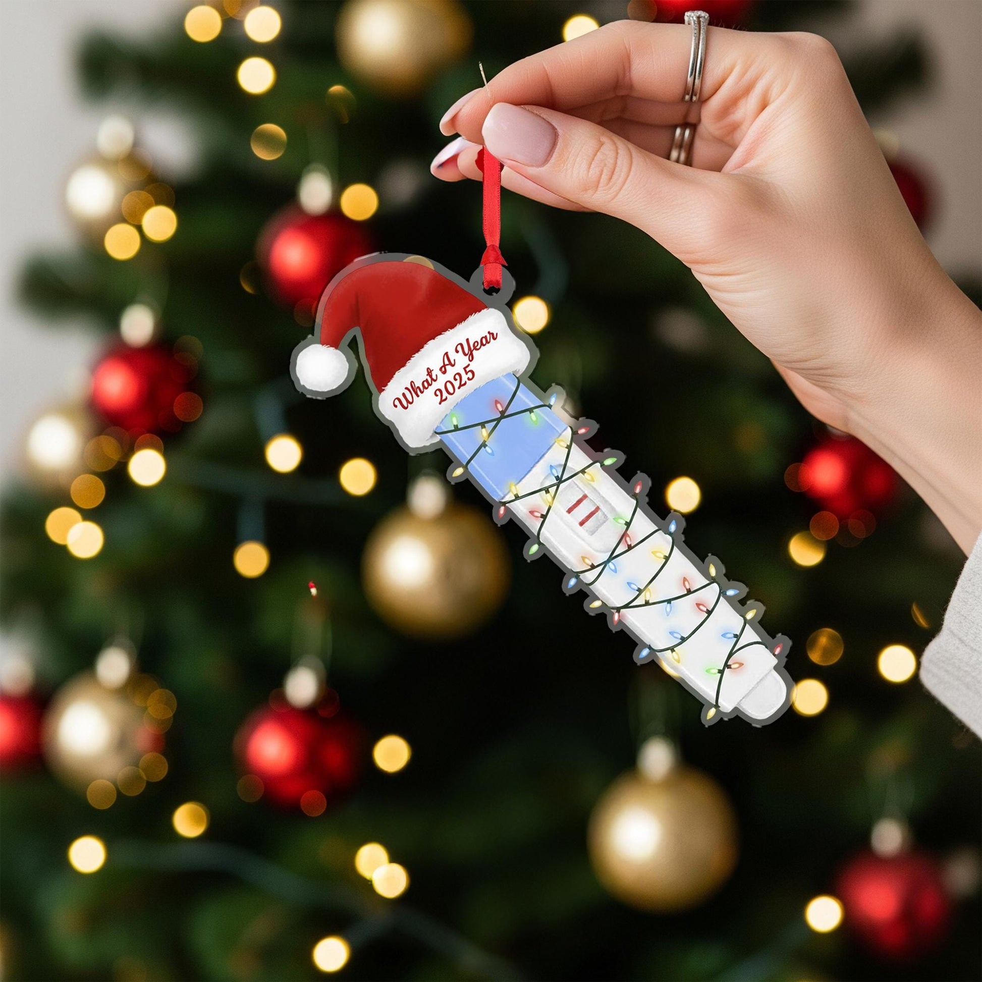 Pregnancy Test Ornament with Santa Hat and Holiday Lights