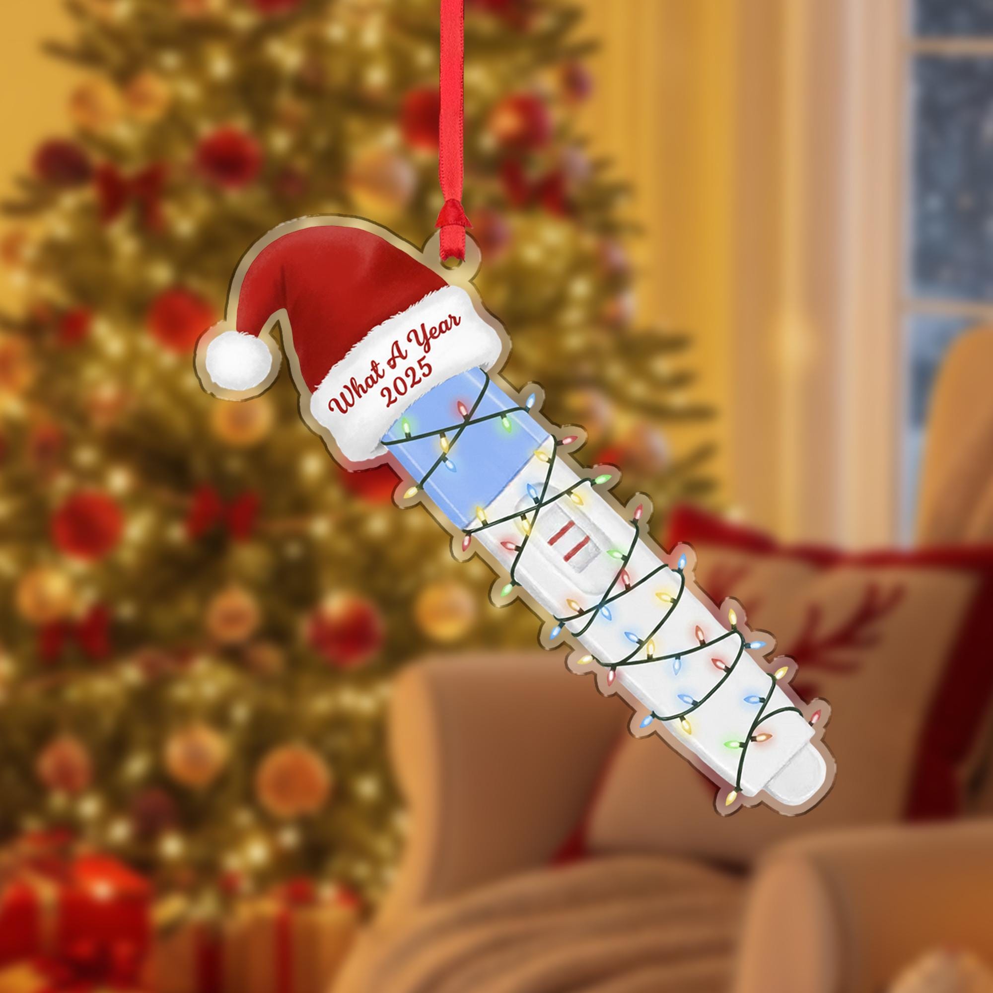 Pregnancy Test Ornament with Santa Hat and Holiday Lights