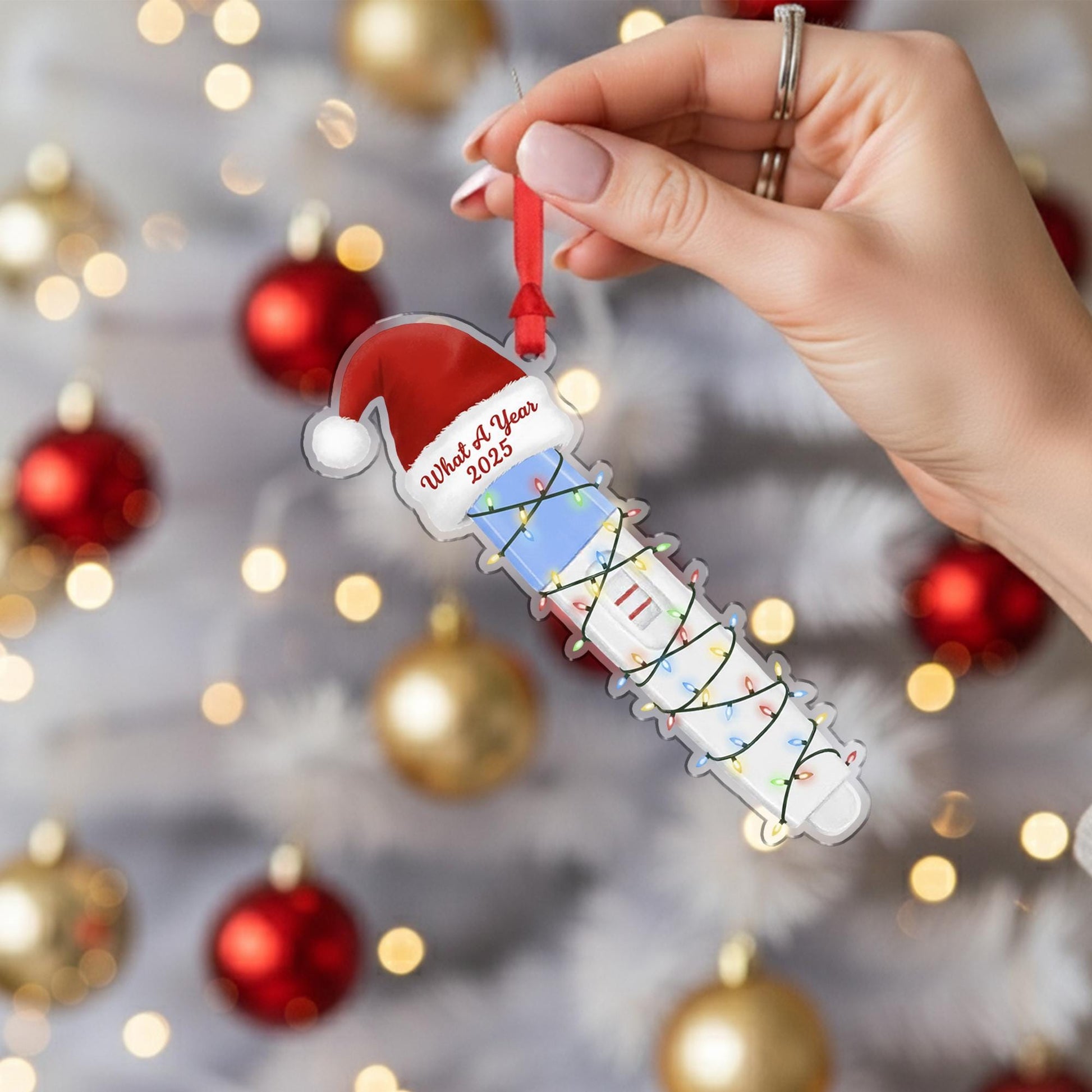 Pregnancy Test Ornament with Santa Hat and Holiday Lights