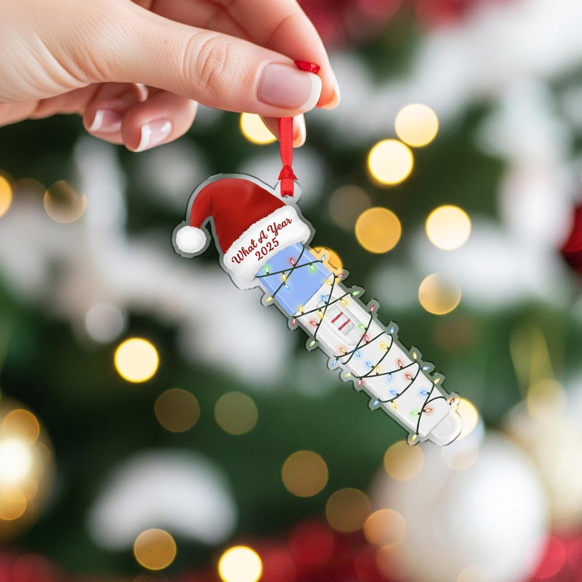 Pregnancy Test Ornament with Santa Hat and Holiday Lights