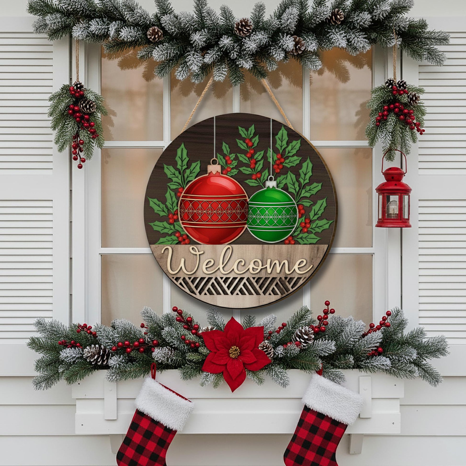 Christmas Welcome Bauble Ornament Sign - Holiday Door Wall Hanging