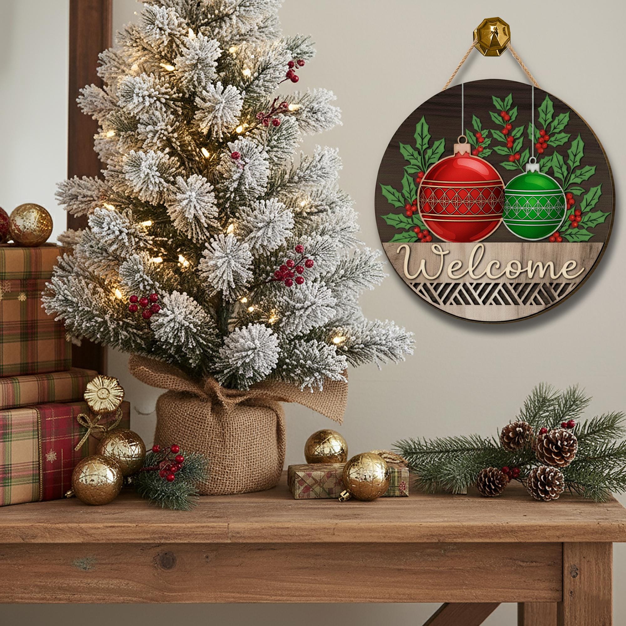 Christmas Welcome Bauble Ornament Sign - Holiday Door Wall Hanging