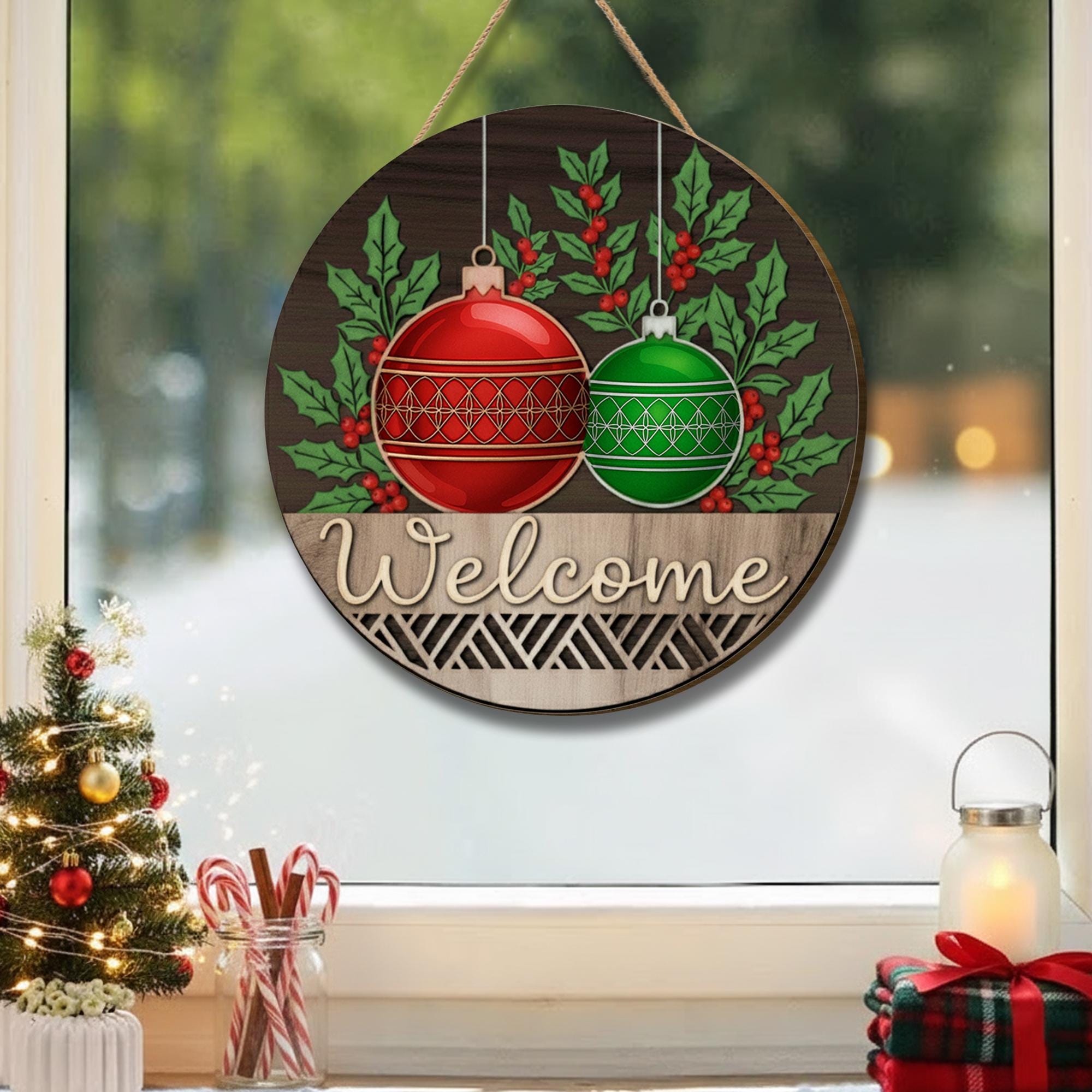 Christmas Welcome Bauble Ornament Sign - Holiday Door Wall Hanging