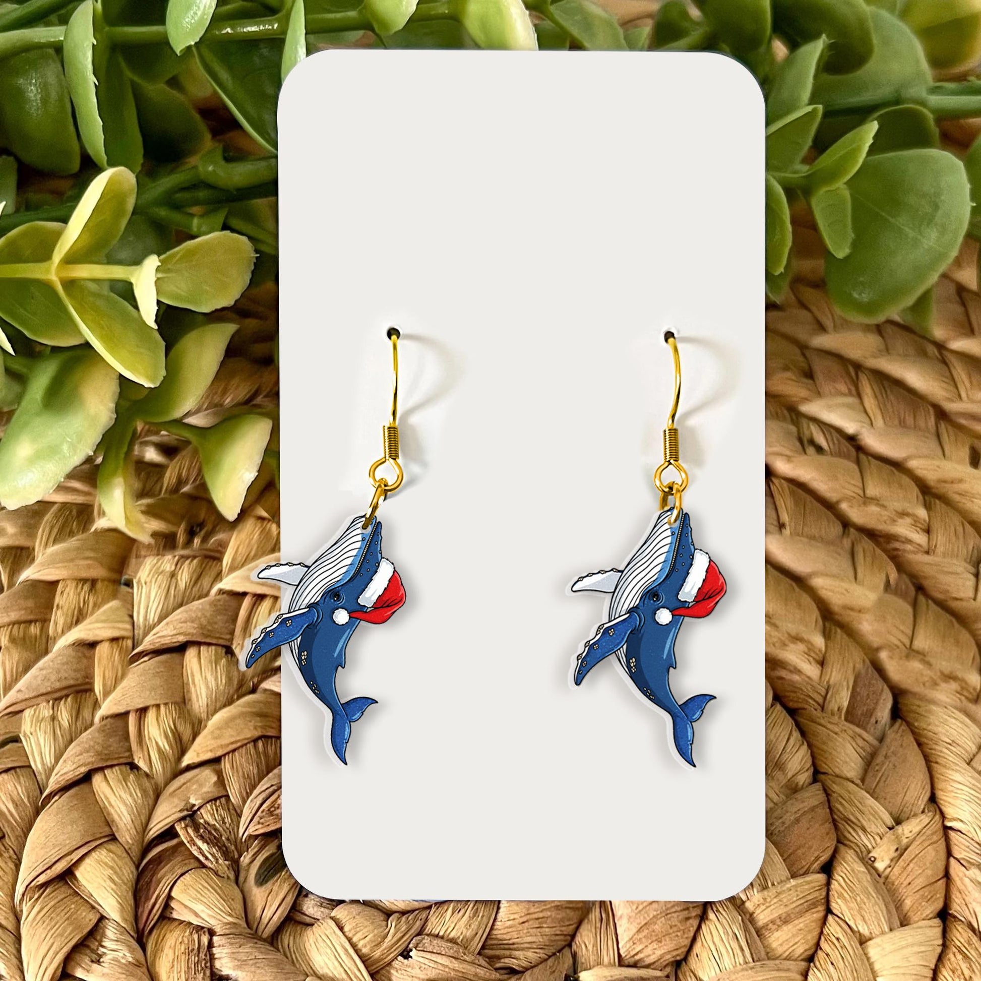 Christmas Whale Earrings, Ocean Jewelry with Santa Hat Holiday Design