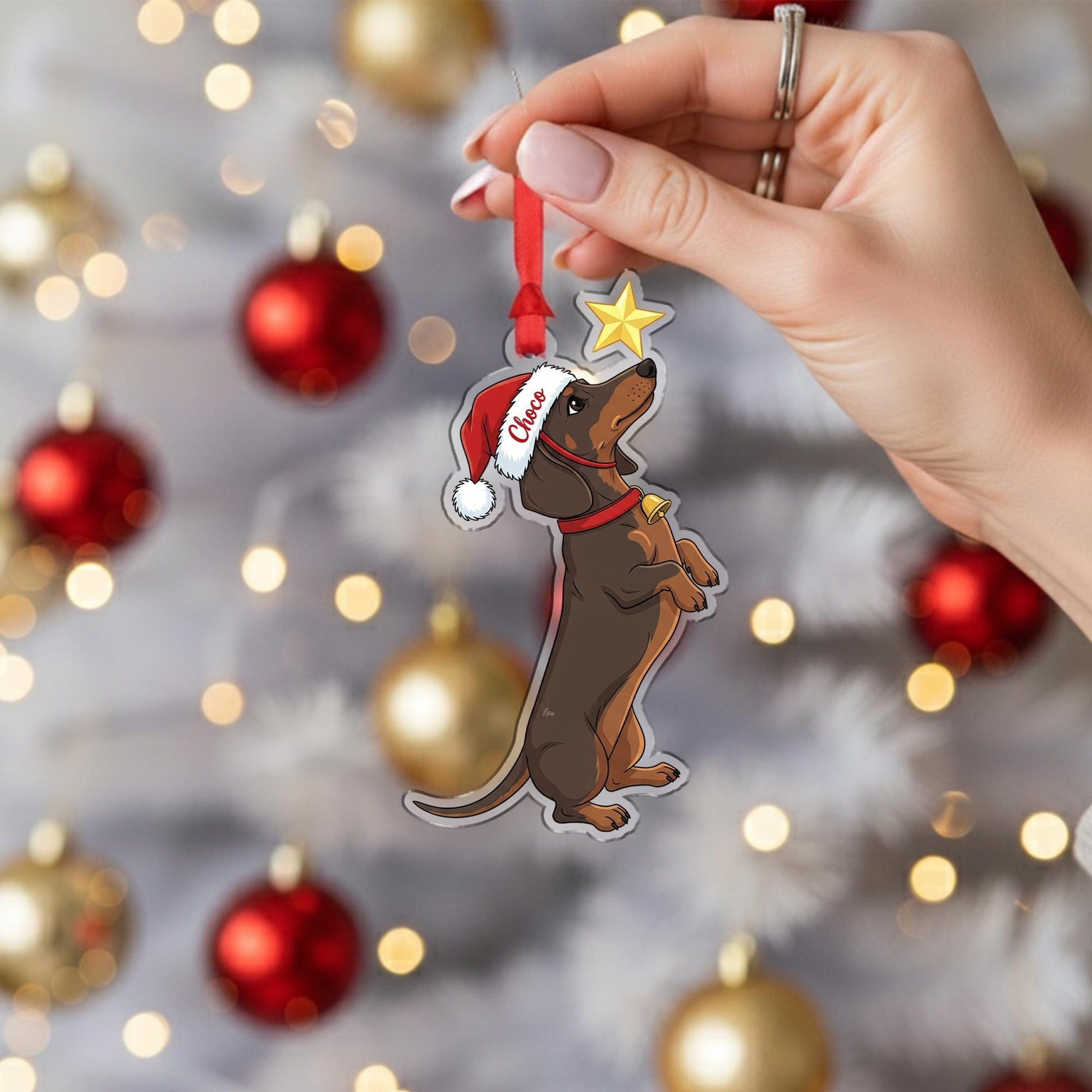 Personalized Dachshund Ornament, Custom Dog Christmas Decoration with Santa Hat