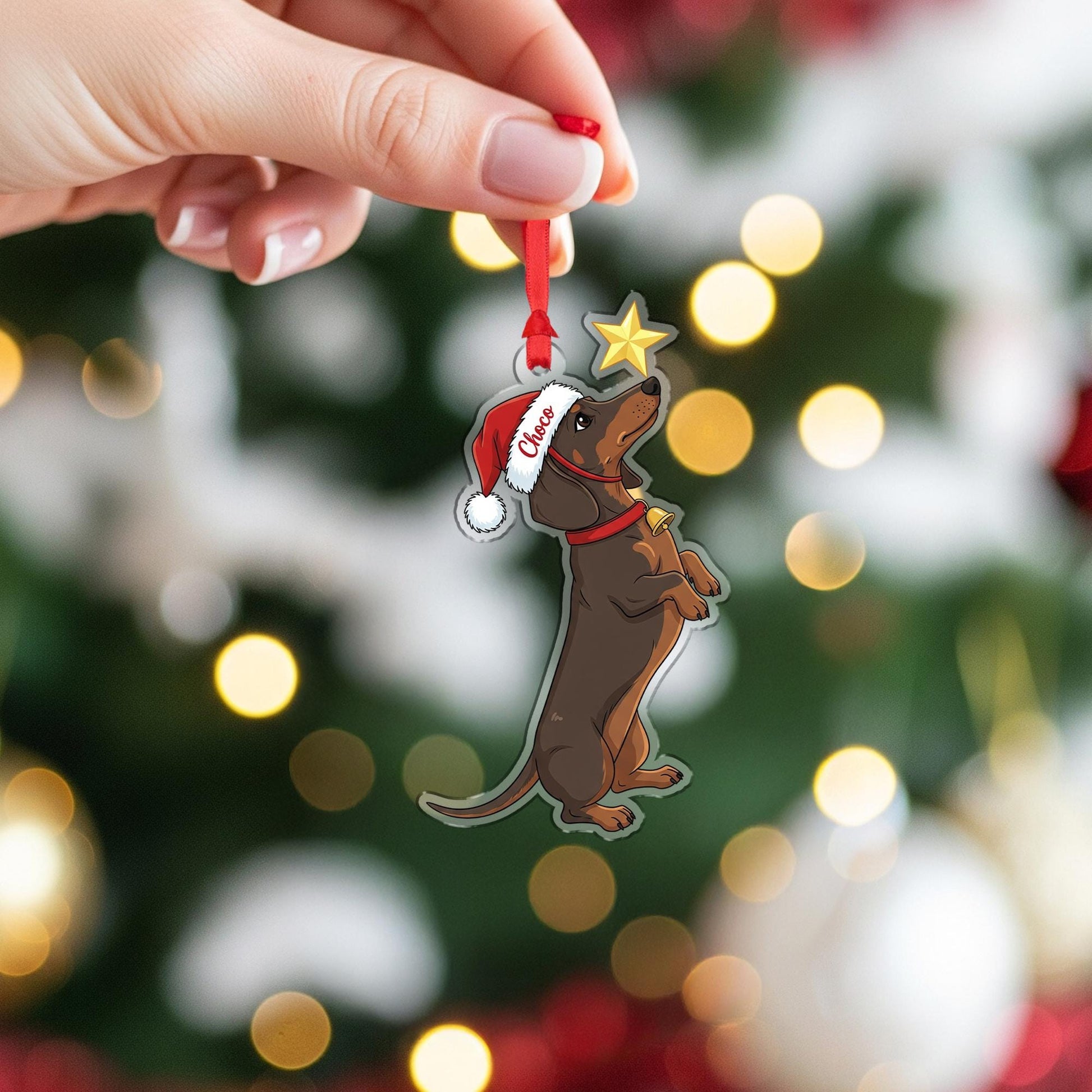 Personalized Dachshund Ornament, Custom Dog Christmas Decoration with Santa Hat